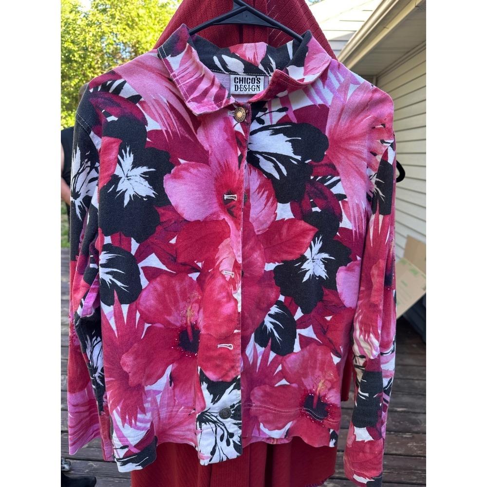 Chicos Design Pink Tropical Hibiscus Floral Beaded Jacket Ramie Cotton Size 1